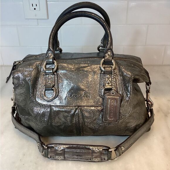 Coach Ashley Perforated Metallic Silver Leather Satchel Handbag RARE - Picture 1 of 15